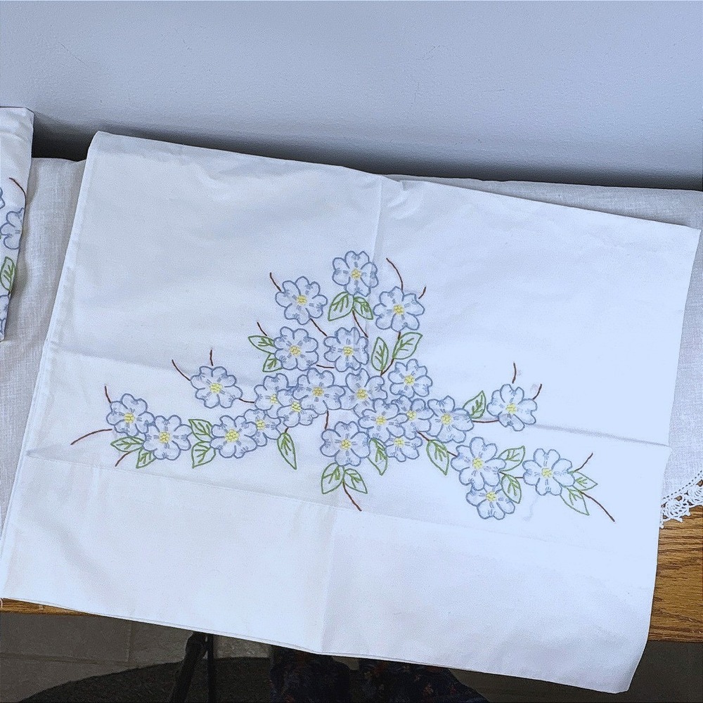 Vintage Hand Embroidered Blue Floral White Cotton Pillowcase Pair Set of 2